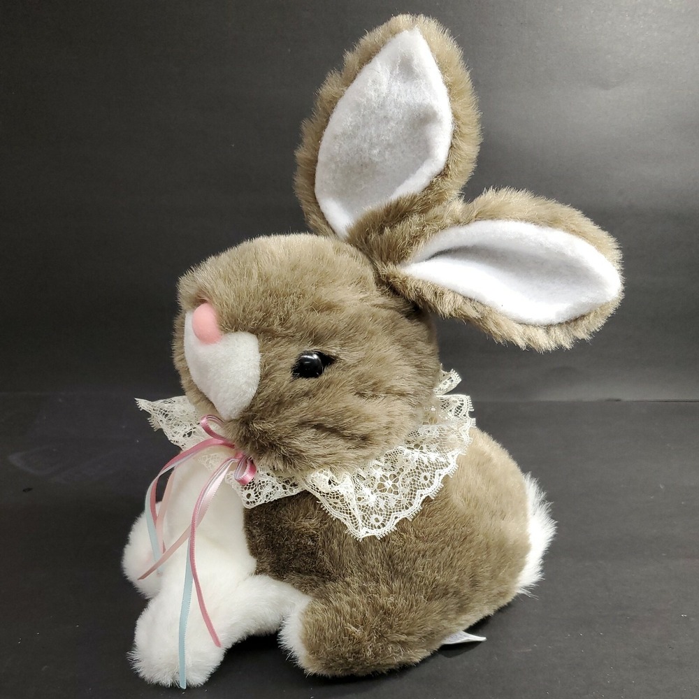 Plush brown white bunny rabbit lace collar Dandee plastic tag Easter 11"